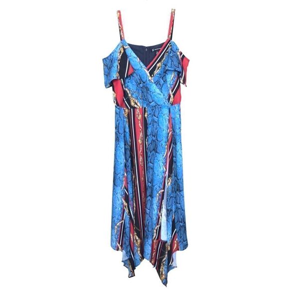 INC Snake Chain Belt Print Off Shoulder Midi Dress Fairy Hem Flounce Trim 2 - Picture 1 of 10